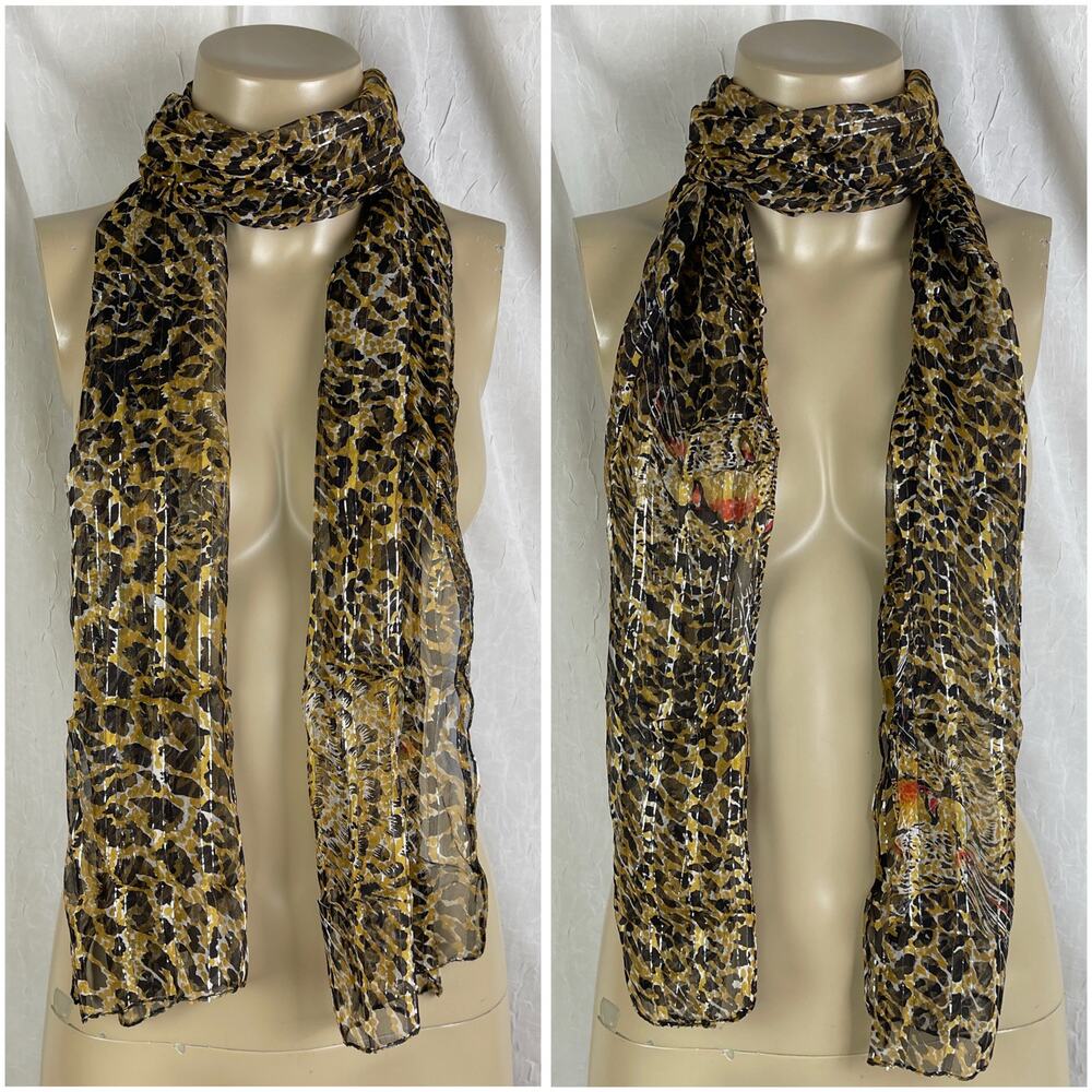 VTG Leopard Cheetah Print Face Sheer Scarf Striped Silver Brown White Black Red